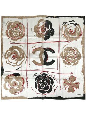 Chanel Scarf CC Logo Camellia Silk Beige Black